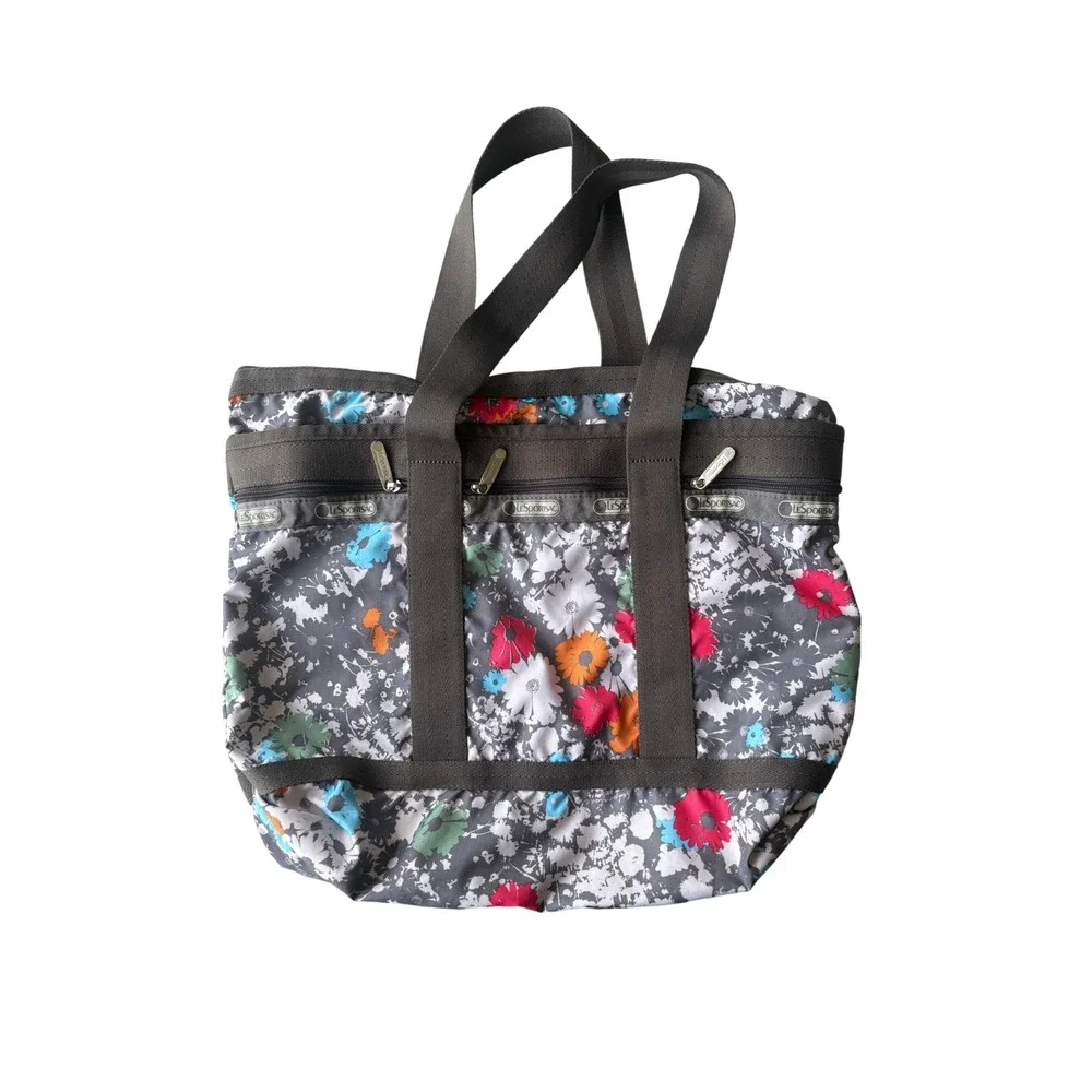 LeSportsac Everyday Tote Bag Gray Floral Print Nylon Multi Pocket Shoulder Bag
